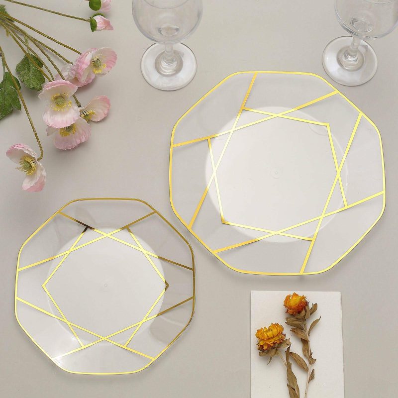 10 Pack Clear / Gold Geometric Design Plastic Dessert Plates, Disposable Octagon Salad/Appetizer Party Plates 8″  |   Disposable Salad/Dessert Plates Disposable Plates Clear/Gold