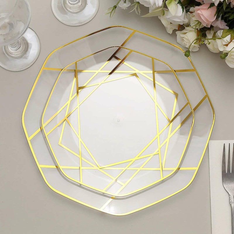 10 Pack Clear / Gold Geometric Design Plastic Dessert Plates, Disposable Octagon Salad/Appetizer Party Plates 8″  |   Disposable Salad/Dessert Plates Disposable Plates Clear/Gold