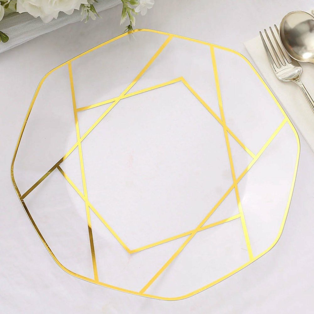 10 Pack Clear / Gold Geometric Design Plastic Dinner Plates, Disposable Octagon Party Plates 10″  |   Disposable Dinner Plates Disposable Dinner Plates Clear/Gold