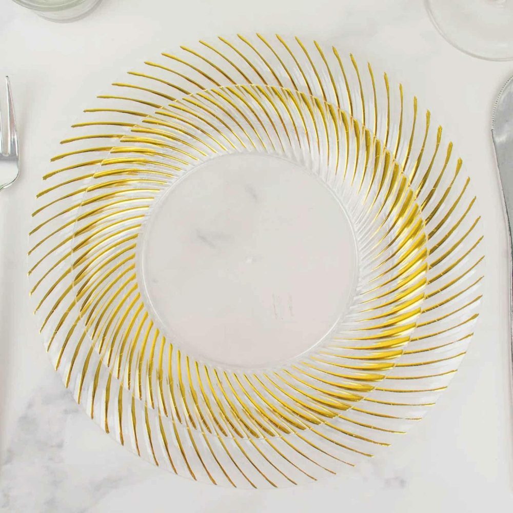 10 Pack Clear / Gold Swirl Rim Plastic Dessert Appetizer Plates, Round Disposable Salad Plates 7″  |   Disposable Salad/Dessert Plates Disposable Plates Clear/Gold