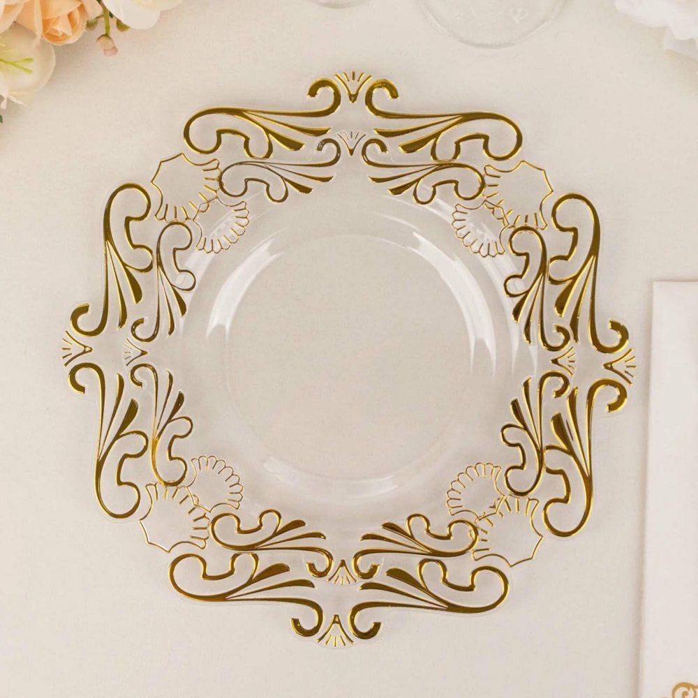 10 Pack Clear Gold Vintage Baroque Plastic Dessert Plates With Scalloped Rim, European Style Disposable Salad Appetizer Plates 8″  |   Disposable Salad/Dessert Plates Disposable Plates Disposable Salad/Dessert Plates