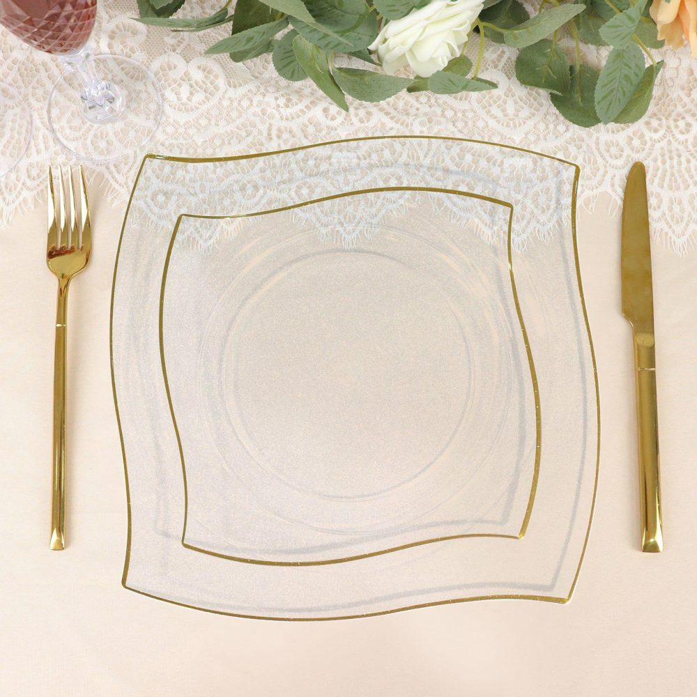 10 Pack Clear / Gold Wavy Rim Modern Square Plastic Dessert Plates, Disposable Salad Appetizer Party Plates 8″  |   Disposable Salad/Dessert Plates Disposable Plates Clear/Gold