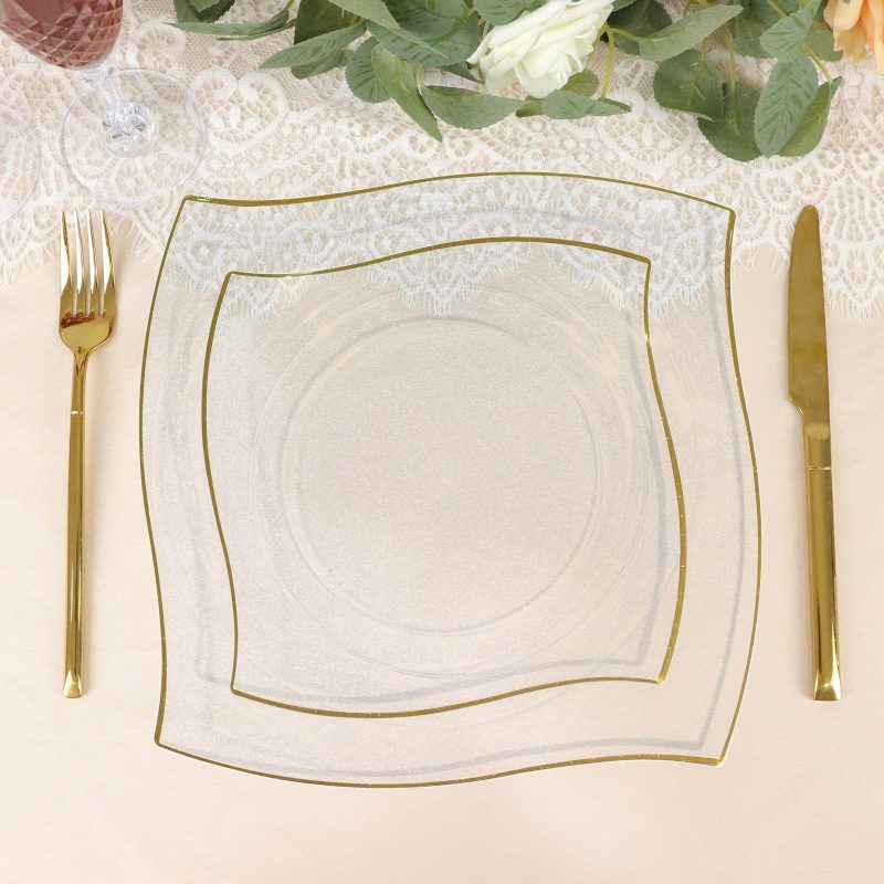 10 Pack Clear / Gold Wavy Rim Modern Square Plastic Dessert Plates, Disposable Salad Appetizer Party Plates 8″  |   Disposable Salad/Dessert Plates Disposable Plates Clear/Gold