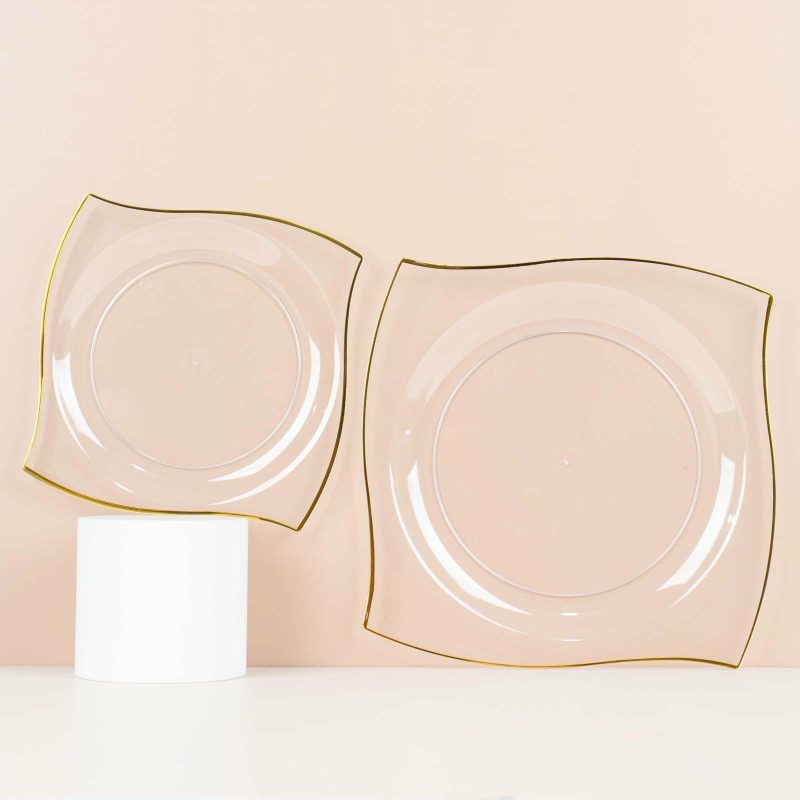 10 Pack Clear / Gold Wavy Rim Modern Square Plastic Dessert Plates, Disposable Salad Appetizer Party Plates 8″  |   Disposable Salad/Dessert Plates Disposable Plates Clear/Gold