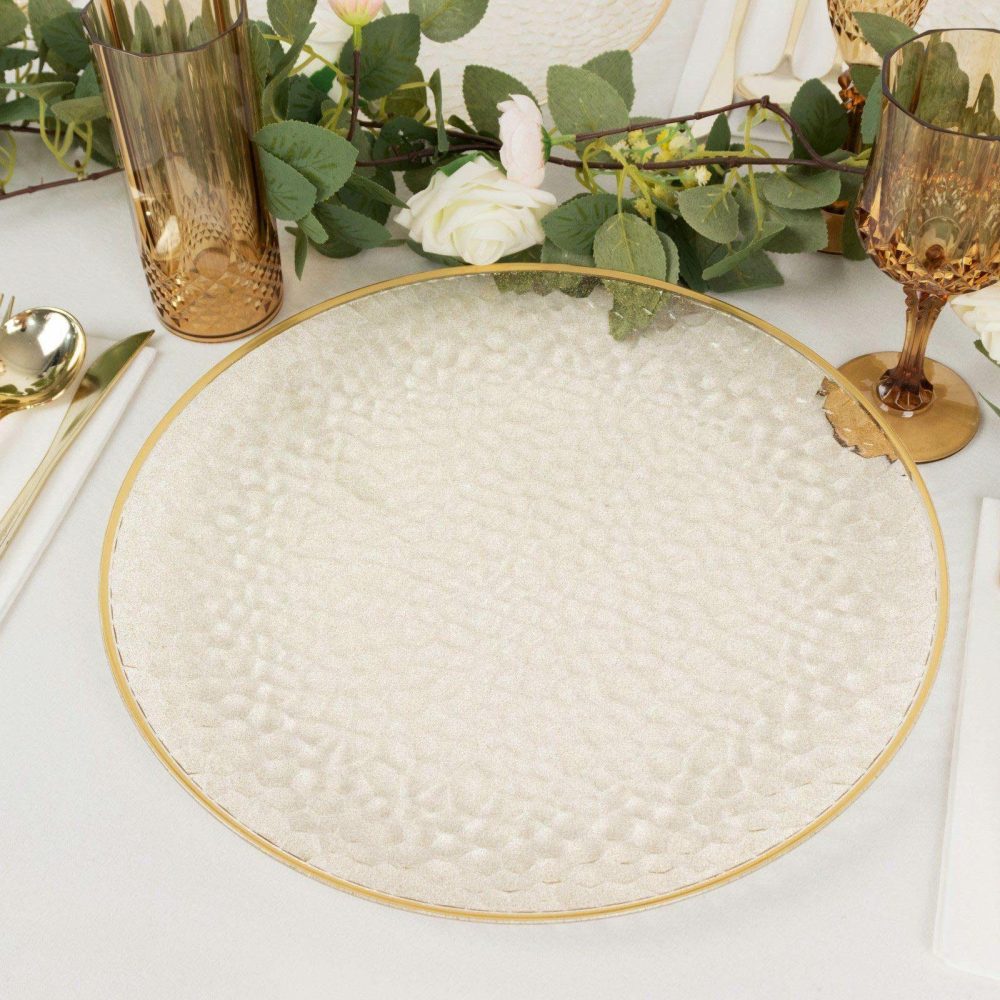 10 Pack Clear Hammered Economy Plastic Charger Plates With Glitter Gold Rim, Round Dinner Chargers Event Tabletop Decor – 13″  |   Acrylic Charger Plates Acrylic Charger Plates Acrylic Charger Plates