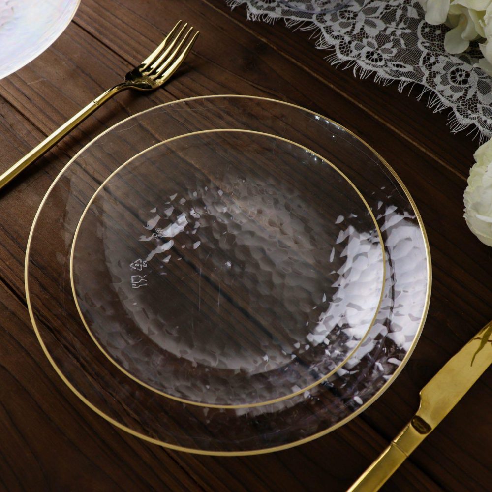 10 Pack Clear Hammered Round Plastic Dessert Appetizer Plates With Gold Rim, Disposable Salad Party Plate 7″  |   Disposable Salad/Dessert Plates Disposable Plates Clear/Gold