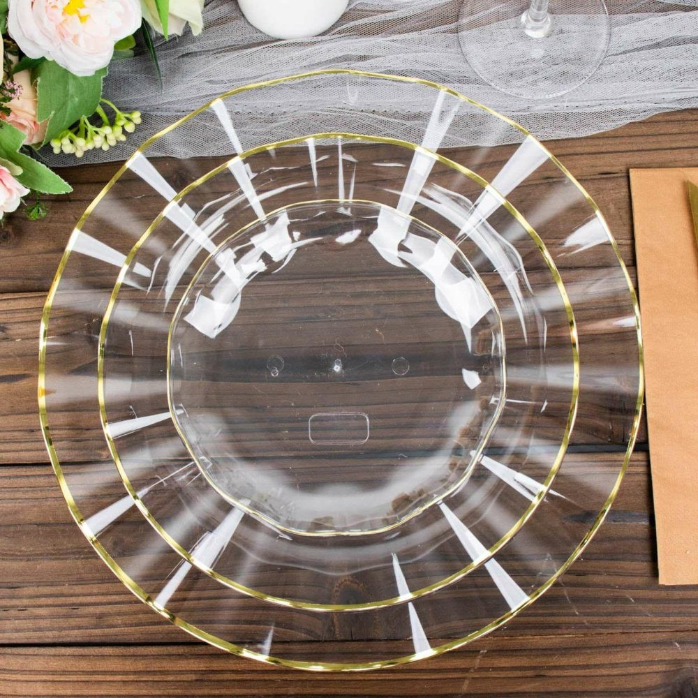 10 Pack Clear Hard Plastic Dessert Plates with Gold Ruffled Rim, Heavy Duty Disposable Salad Appetizer Dinnerware 6″  |   Disposable Salad/Dessert Plates Disposable Plates Clear/Gold