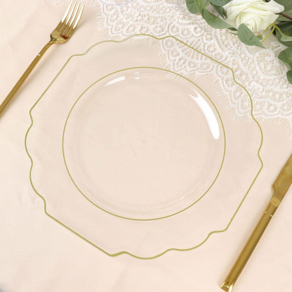 10 Pack Clear Hard Plastic Dinner Plates, Disposable Tableware, Baroque Heavy Duty Plates with Gold Rim 11″  |   Disposable Dinner Plates Disposable Dinner Plates Clear/Gold