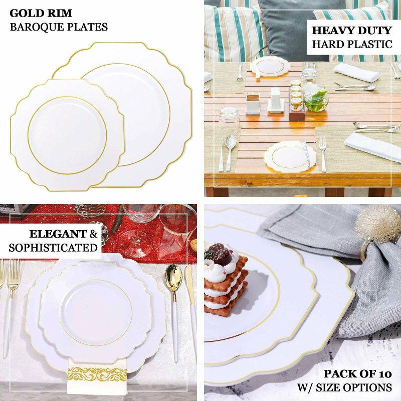 10 Pack Clear Hard Plastic Dinner Plates, Disposable Tableware, Baroque Heavy Duty Plates with Gold Rim 11″  |   Disposable Dinner Plates Disposable Dinner Plates Clear/Gold