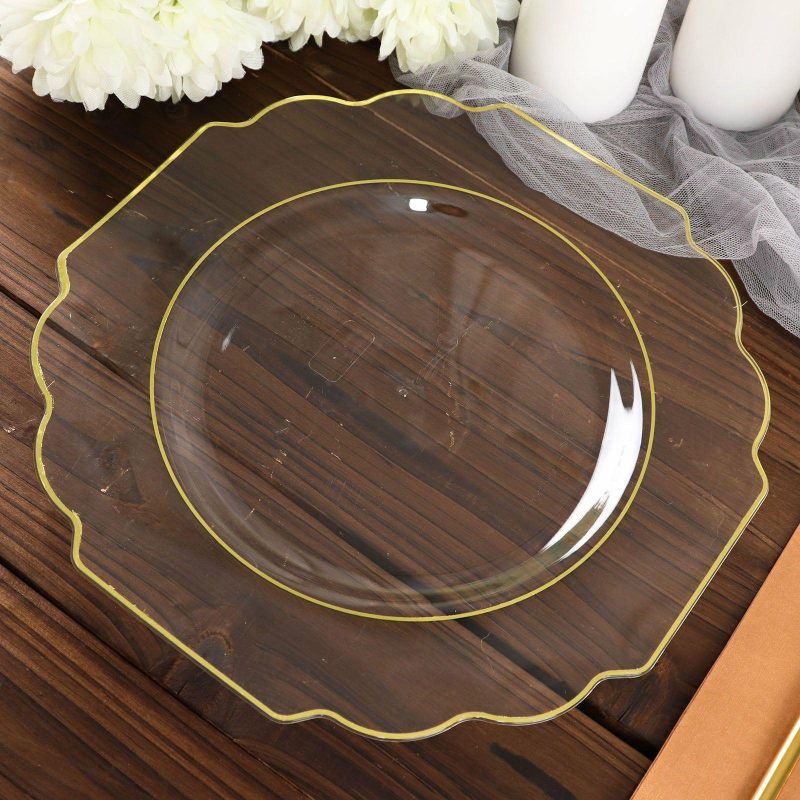 10 Pack Clear Hard Plastic Dinner Plates, Disposable Tableware, Baroque Heavy Duty Plates with Gold Rim 11″  |   Disposable Dinner Plates Disposable Dinner Plates Clear/Gold