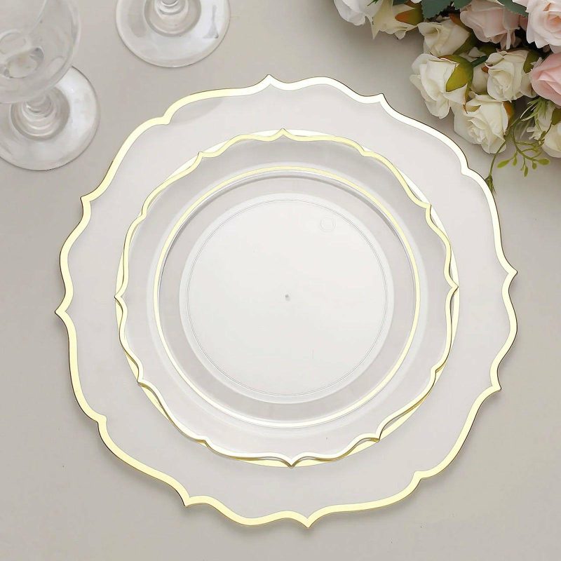 10 Pack Clear Plastic Dessert Salad Plates, Disposable Tableware Round With Gold Scalloped Rim 8″  |   Disposable Salad/Dessert Plates Disposable Plates Clear/Gold