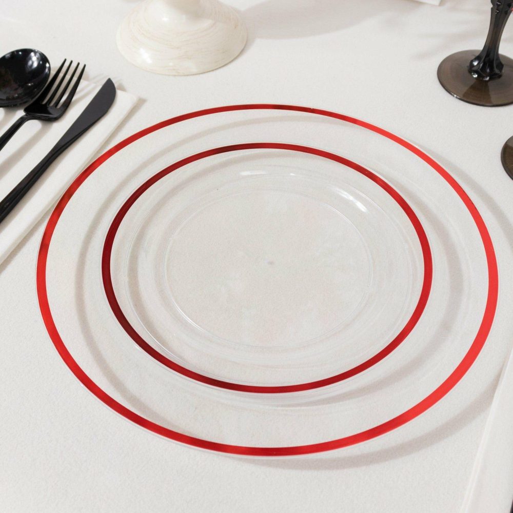 10 Pack Clear Regal Plastic Appetizer Dessert Plates With Red Rim, Round Disposable Salad Plates – 7″  |   Disposable Salad/Dessert Plates Disposable Plates Clear/Red