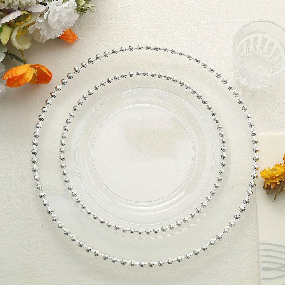 10 Pack Clear / Silver Beaded Rim Plastic Dessert Appetizer Plates, Disposable Round Salad Party Plates 8″  |   Disposable Salad/Dessert Plates Disposable Plates Clear/Silver