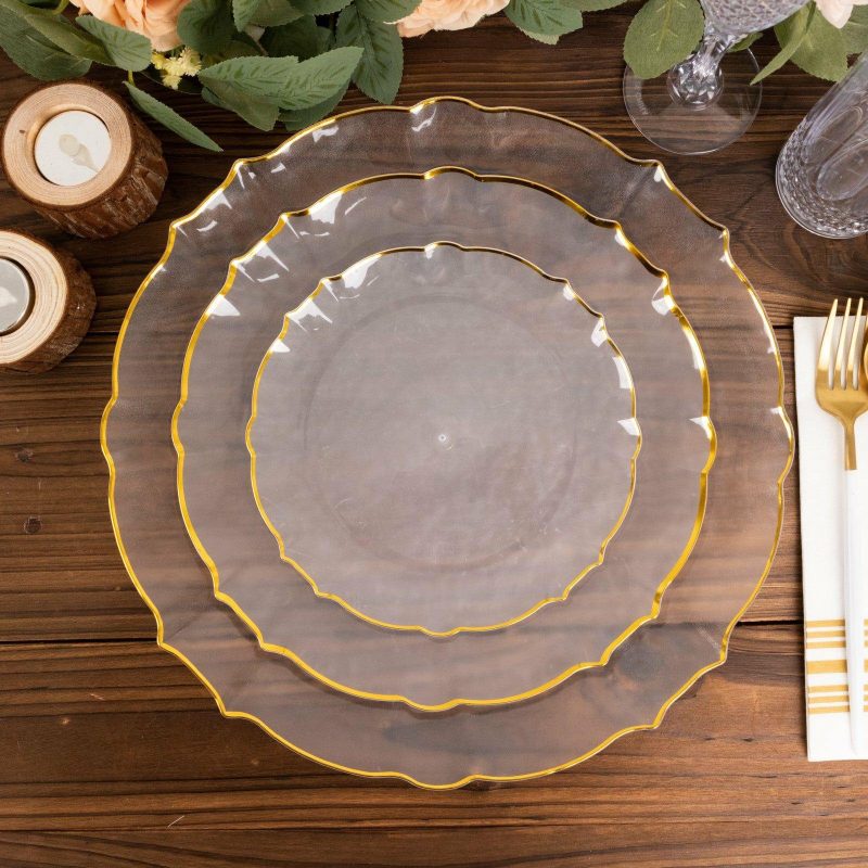 10 Pack Clear Sunflower Plastic Dessert Appetizer Plates with Gold Scalloped Rim, Round Disposable Salad Plates – 7″  |   Disposable Salad/Dessert Plates Disposable Plates Disposable Salad/Dessert Plates