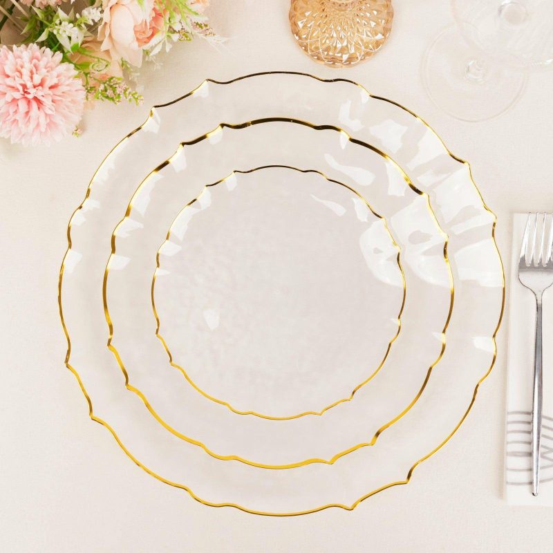 10 Pack Clear Sunflower Plastic Dessert Appetizer Plates with Gold Scalloped Rim, Round Disposable Salad Plates – 7″  |   Disposable Salad/Dessert Plates Disposable Plates Disposable Salad/Dessert Plates