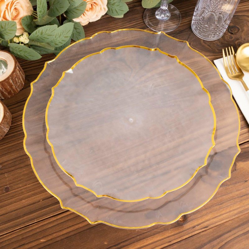 10 Pack Clear Sunflower Plastic Dessert Appetizer Plates with Gold Scalloped Rim, Round Disposable Salad Plates – 7″  |   Disposable Salad/Dessert Plates Disposable Plates Disposable Salad/Dessert Plates