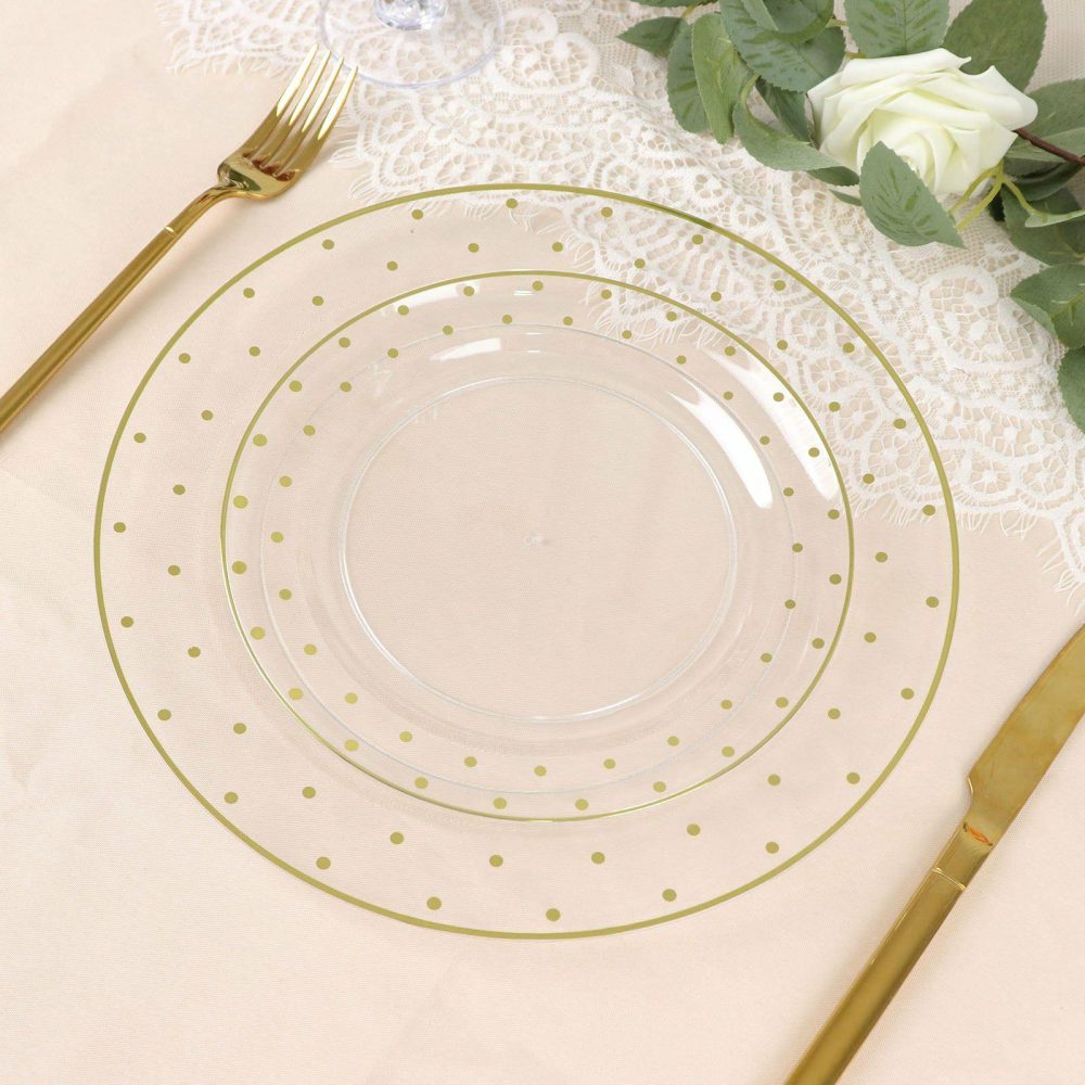 10 Pack Clear With Gold Dot Rim Plastic Dessert Plates, Round Salad Disposable Tableware Plates 7.5″  |   Disposable Salad/Dessert Plates Disposable Plates Clear/Gold