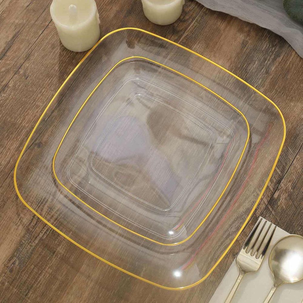 10 Pack Clear with Gold Rim Square Plastic Dessert Party Plates, Disposable Appetizer Salad Plates 7″  |   Disposable Salad/Dessert Plates Disposable Plates Clear/Gold