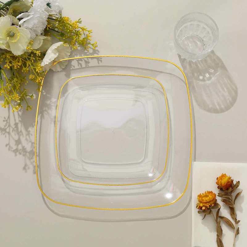 10 Pack Clear with Gold Rim Square Plastic Dessert Party Plates, Disposable Appetizer Salad Plates 7″  |   Disposable Salad/Dessert Plates Disposable Plates Clear/Gold