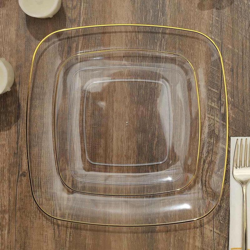 10 Pack Clear with Gold Rim Square Plastic Dessert Party Plates, Disposable Appetizer Salad Plates 7″  |   Disposable Salad/Dessert Plates Disposable Plates Clear/Gold