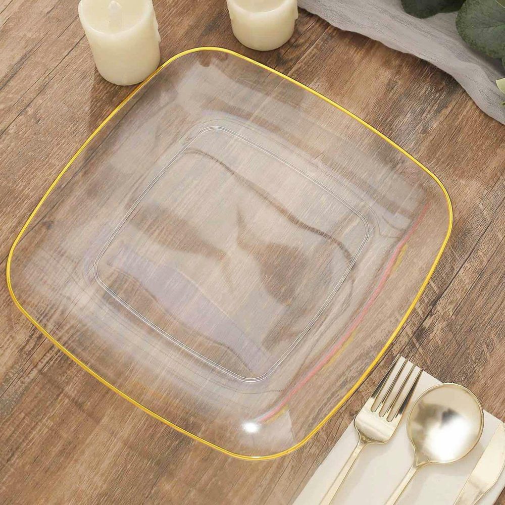 10 Pack Clear with Gold Rim Square Plastic Dinner Plates, Disposable Lunch Party Plates 10″  |   Disposable Dinner Plates Disposable Dinner Plates Clear/Gold