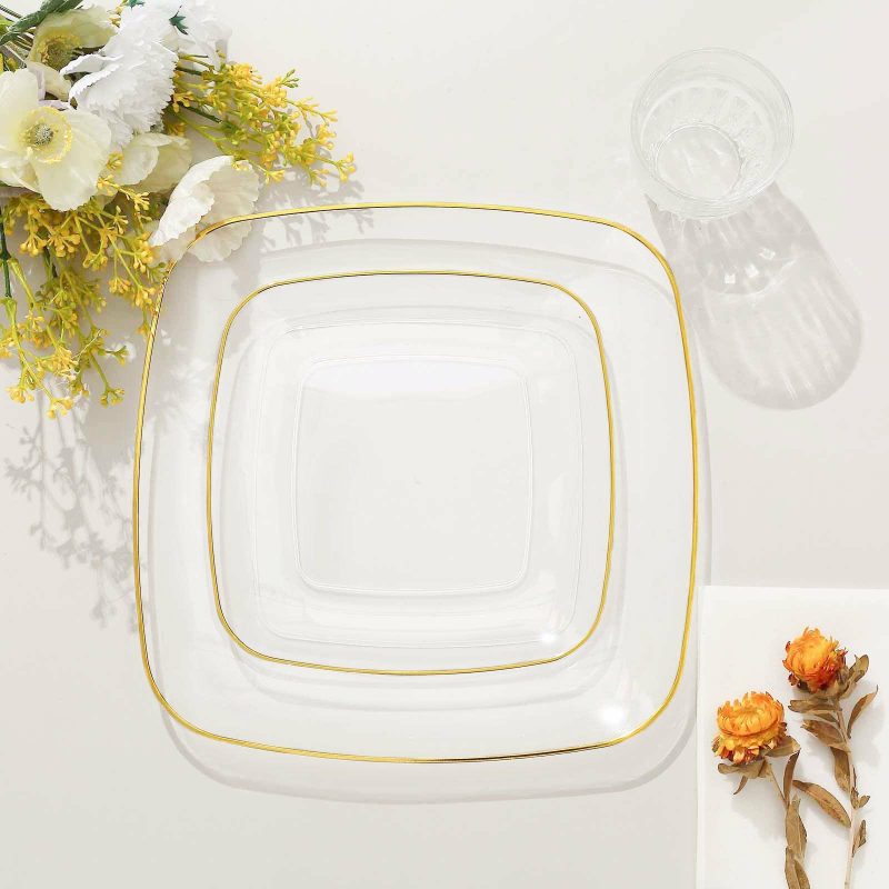 10 Pack Clear with Gold Rim Square Plastic Dinner Plates, Disposable Lunch Party Plates 10″  |   Disposable Dinner Plates Disposable Dinner Plates Clear/Gold