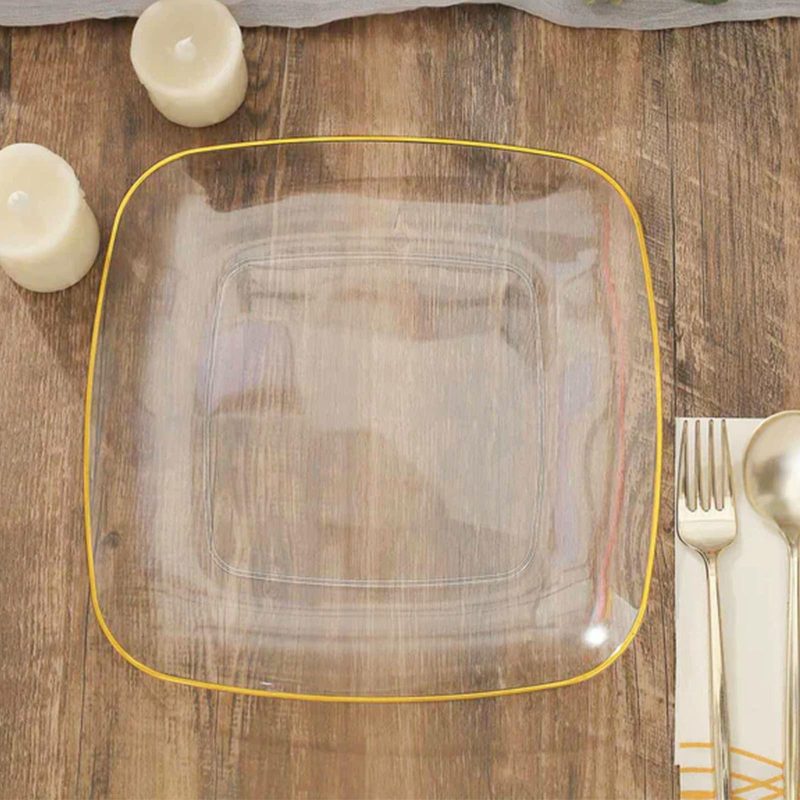 10 Pack Clear with Gold Rim Square Plastic Dinner Plates, Disposable Lunch Party Plates 10″  |   Disposable Dinner Plates Disposable Dinner Plates Clear/Gold