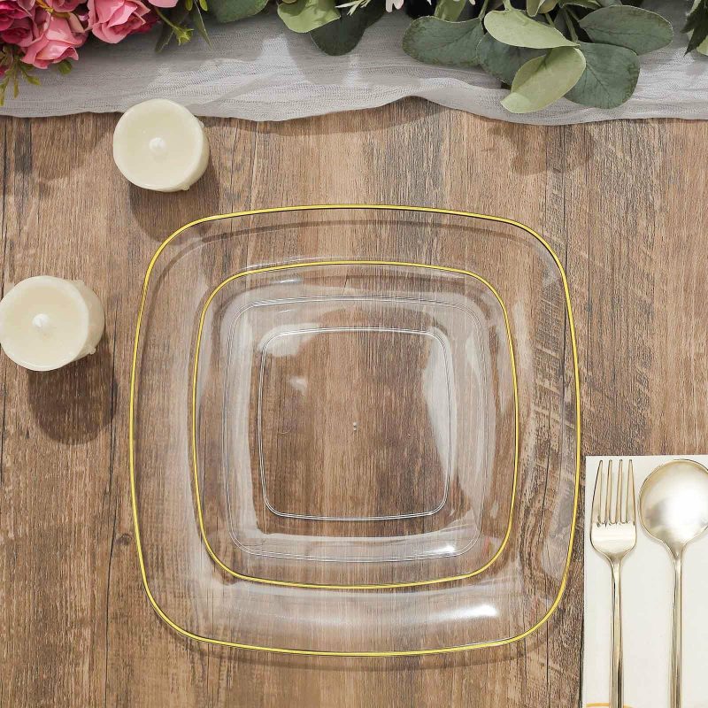 10 Pack Clear with Gold Rim Square Plastic Dinner Plates, Disposable Lunch Party Plates 10″  |   Disposable Dinner Plates Disposable Dinner Plates Clear/Gold