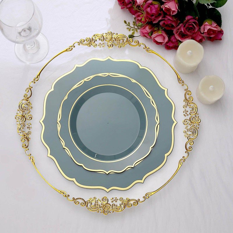 10 Pack Dusty Blue Plastic Dessert Salad Plates, Disposable Tableware Round With Gold Scalloped Rim 8″  |   Disposable Salad/Dessert Plates Disposable Plates Disposable Salad/Dessert Plates