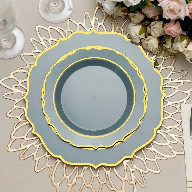 10 Pack Dusty Blue Plastic Dessert Salad Plates, Disposable Tableware Round With Gold Scalloped Rim 8″  |   Disposable Salad/Dessert Plates Disposable Plates Disposable Salad/Dessert Plates