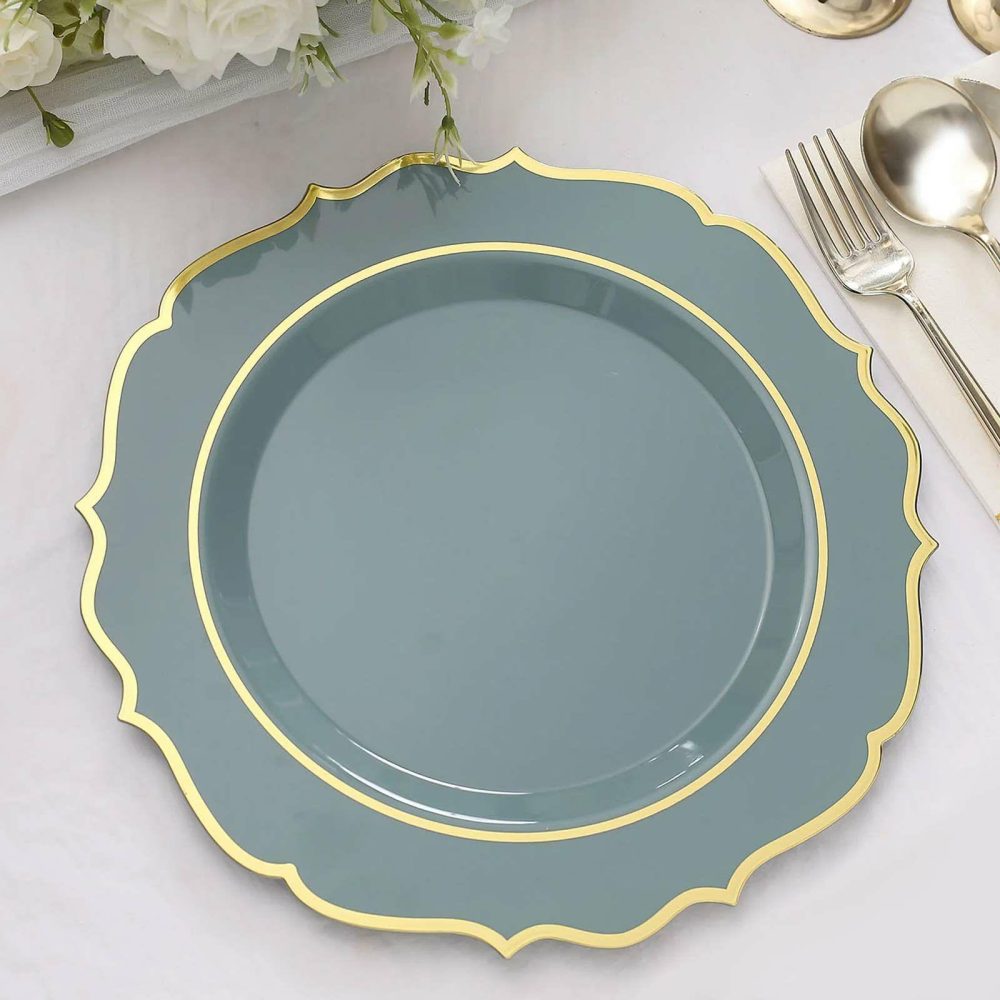 10 Pack Dusty Blue Plastic Dinner Plates Disposable Tableware Round With Gold Scalloped Rim 10″  |   Disposable Dinner Plates Disposable Dinner Plates Disposable Dinner Plates