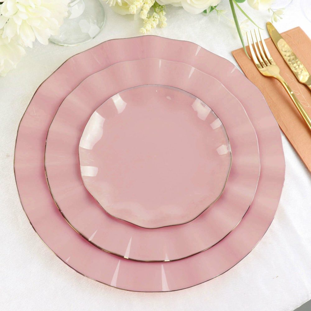 10 Pack Dusty Rose Hard Plastic Dessert Plates with Gold Ruffled Rim, Heavy Duty Disposable Salad Appetizer Dinnerware 6″  |   Disposable Salad/Dessert Plates Disposable Plates Disposable Salad/Dessert Plates