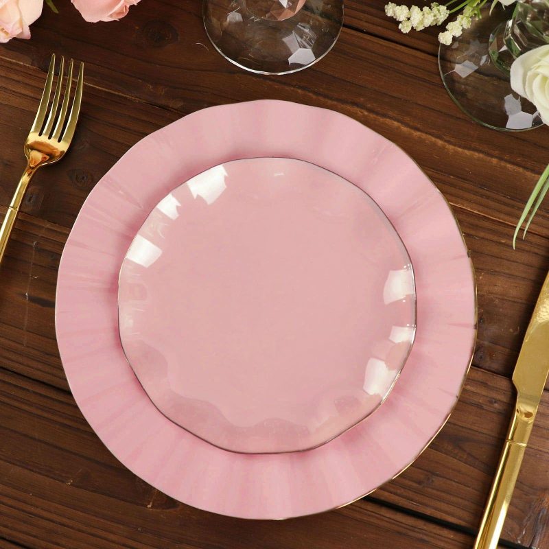 10 Pack Dusty Rose Hard Plastic Dessert Plates with Gold Ruffled Rim, Heavy Duty Disposable Salad Appetizer Dinnerware 6″  |   Disposable Salad/Dessert Plates Disposable Plates Disposable Salad/Dessert Plates