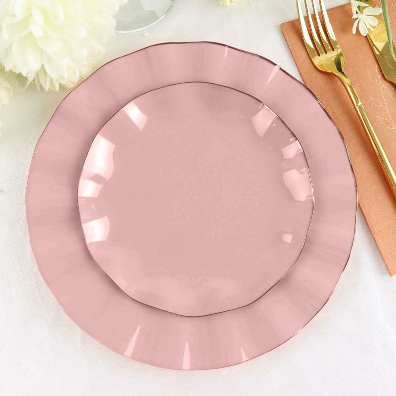 10 Pack Dusty Rose Hard Plastic Dessert Plates with Gold Ruffled Rim, Heavy Duty Disposable Salad Appetizer Dinnerware 6″  |   Disposable Salad/Dessert Plates Disposable Plates Disposable Salad/Dessert Plates