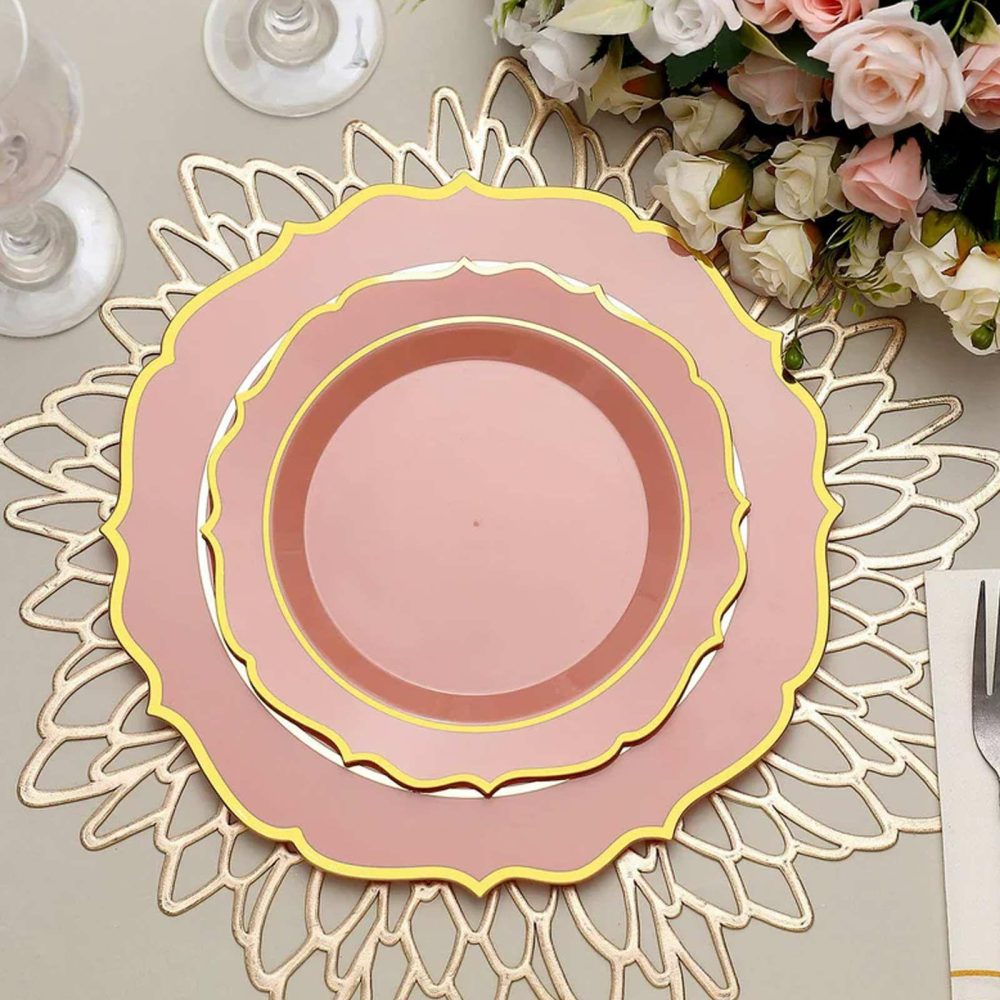 10 Pack Dusty Rose Plastic Dessert Salad Plates, Disposable Tableware Round With Gold Scalloped Rim 8″  |   Disposable Salad/Dessert Plates Disposable Plates Disposable Salad/Dessert Plates