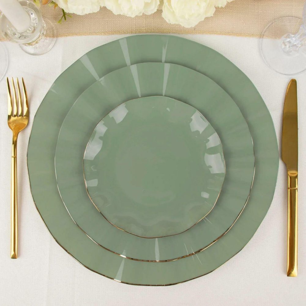 10 Pack Dusty Sage Green Hard Plastic Dessert Plates with Gold Ruffled Rim, Heavy Duty Disposable Salad Appetizer Dinnerware 6″  |   Disposable Salad/Dessert Plates Disposable Plates Disposable Salad/Dessert Plates