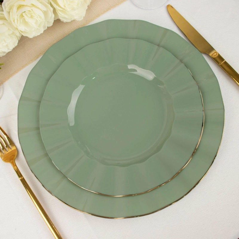 10 Pack Dusty Sage Green Hard Plastic Dinner Plates with Gold Ruffled Rim, Heavy Duty Disposable Dinnerware 9″  |   Disposable Dinner Plates Disposable Dinner Plates Disposable Dinner Plates