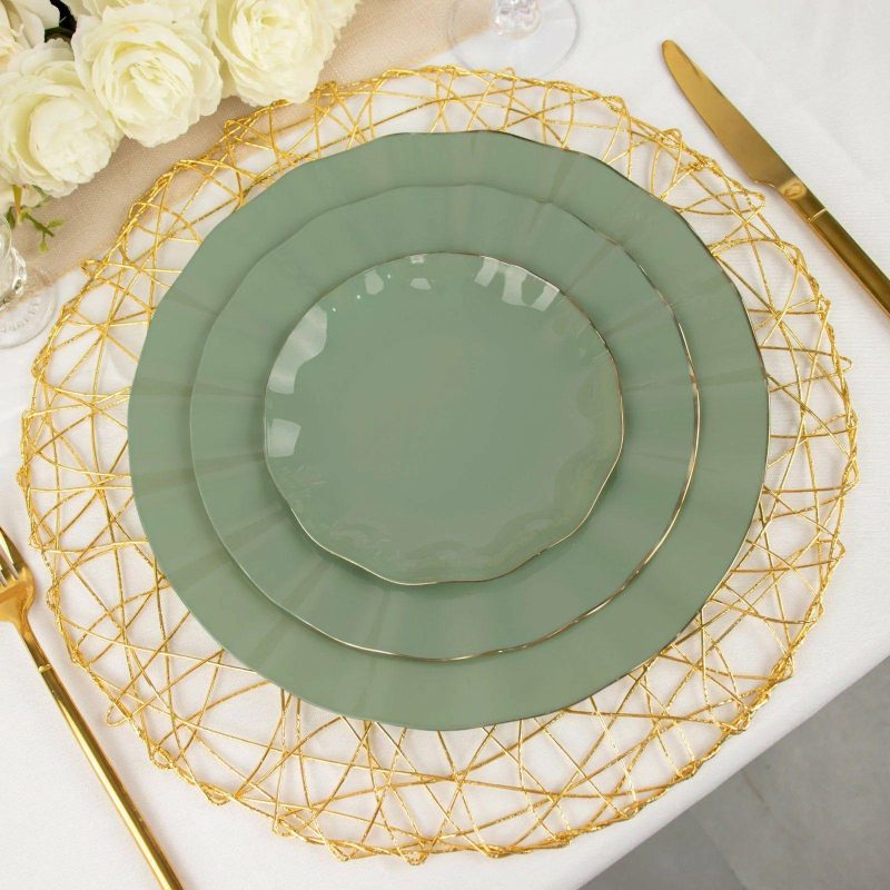 10 Pack Dusty Sage Green Hard Plastic Dinner Plates with Gold Ruffled Rim, Heavy Duty Disposable Dinnerware 9″  |   Disposable Dinner Plates Disposable Dinner Plates Disposable Dinner Plates