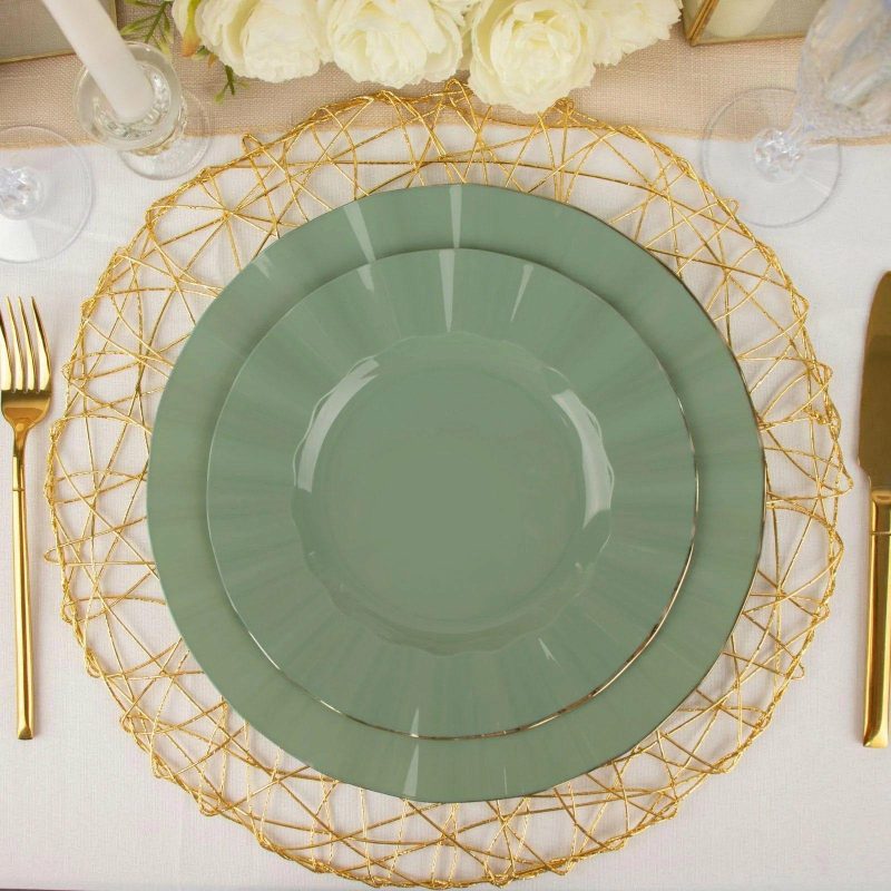 10 Pack Dusty Sage Green Hard Plastic Dinner Plates with Gold Ruffled Rim, Heavy Duty Disposable Dinnerware 9″  |   Disposable Dinner Plates Disposable Dinner Plates Disposable Dinner Plates