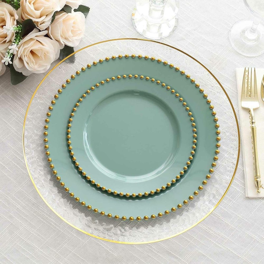 10 Pack Dusty Sage Green Plastic Appetizer Dessert Plates with Gold Beaded Rim, Disposable Round Salad Plates – 8″  |   Disposable Salad/Dessert Plates Disposable Plates Disposable Salad/Dessert Plates