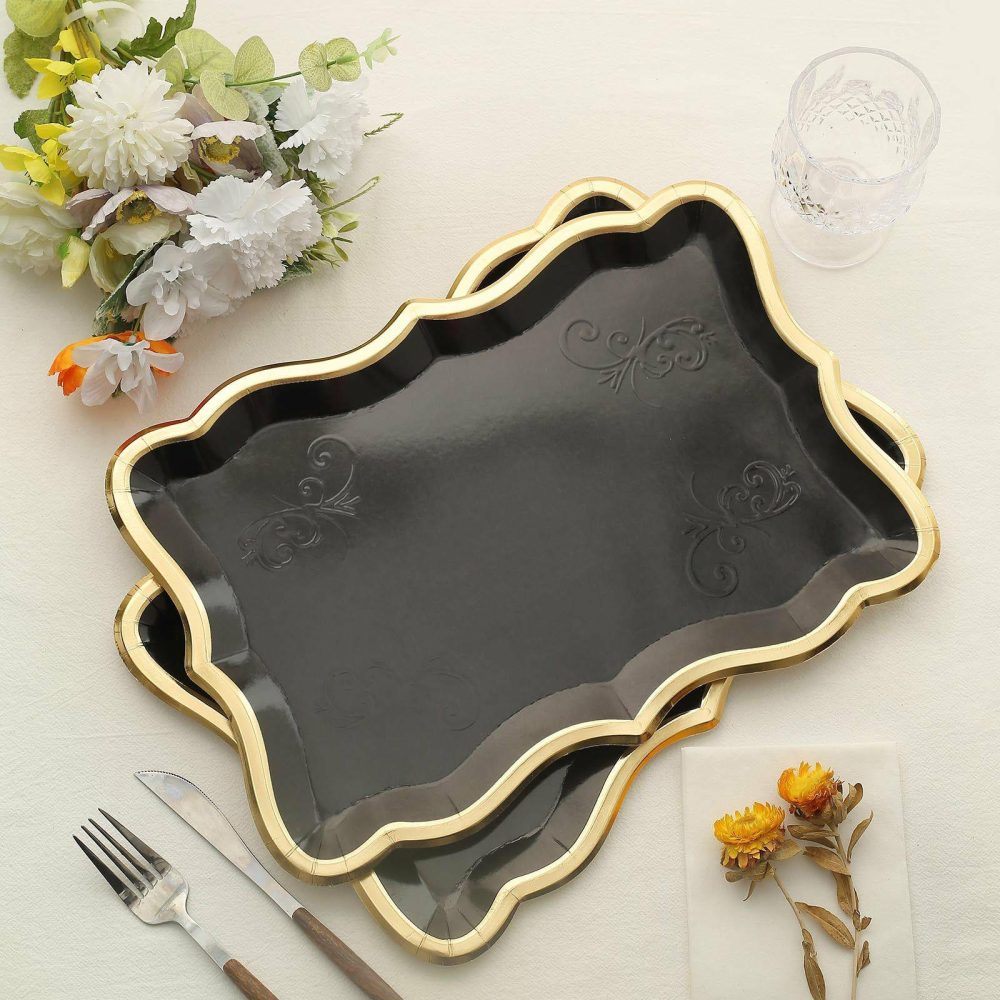 10 Pack Elegant Black / Gold Rim Disposable Serving Trays, Heavy Duty 400 GSM Paper Rectangular Party Platters 14″x10″  |   Eco-Friendly & Paper Plates Disposable Plates Black/Gold