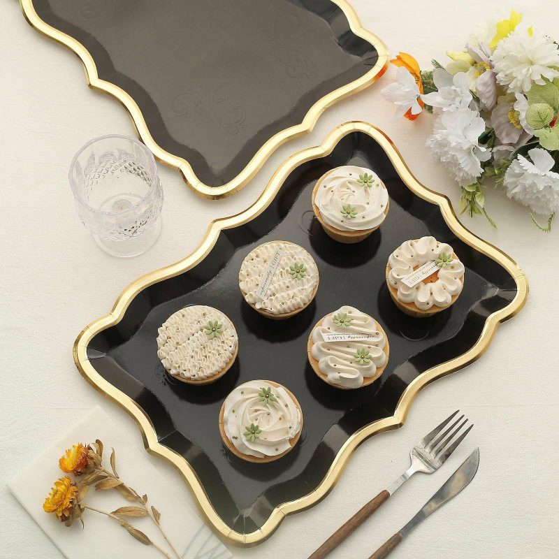 10 Pack Elegant Black / Gold Rim Disposable Serving Trays, Heavy Duty 400 GSM Paper Rectangular Party Platters 14″x10″  |   Eco-Friendly & Paper Plates Disposable Plates Black/Gold