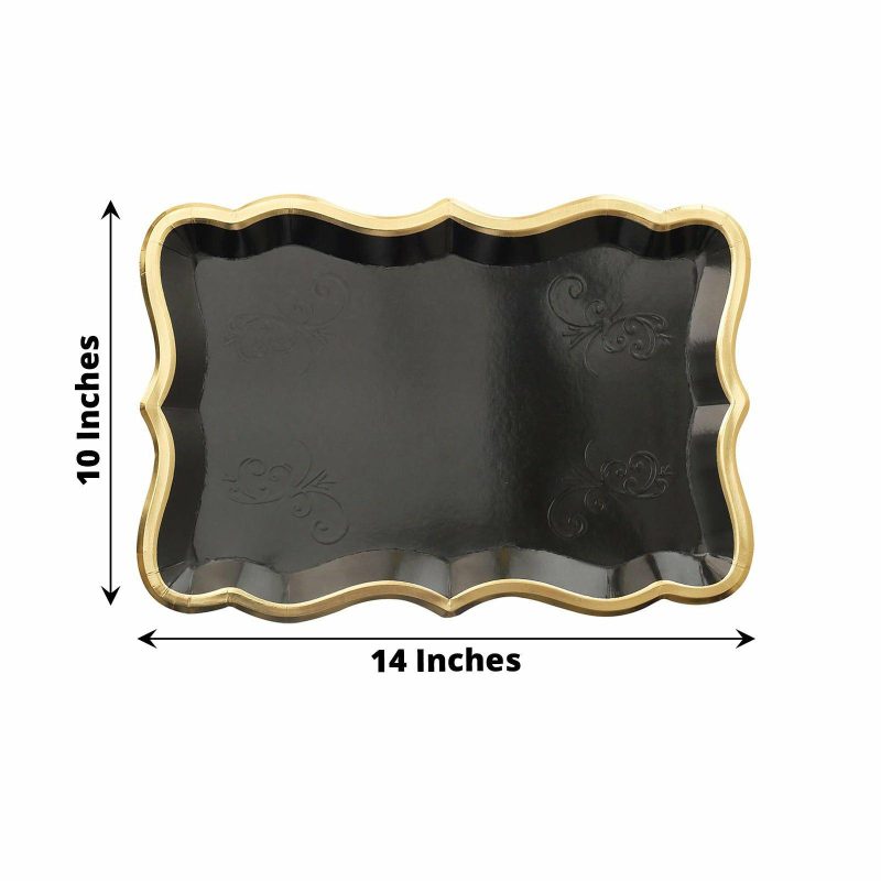 10 Pack Elegant Black / Gold Rim Disposable Serving Trays, Heavy Duty 400 GSM Paper Rectangular Party Platters 14″x10″  |   Eco-Friendly & Paper Plates Disposable Plates Black/Gold