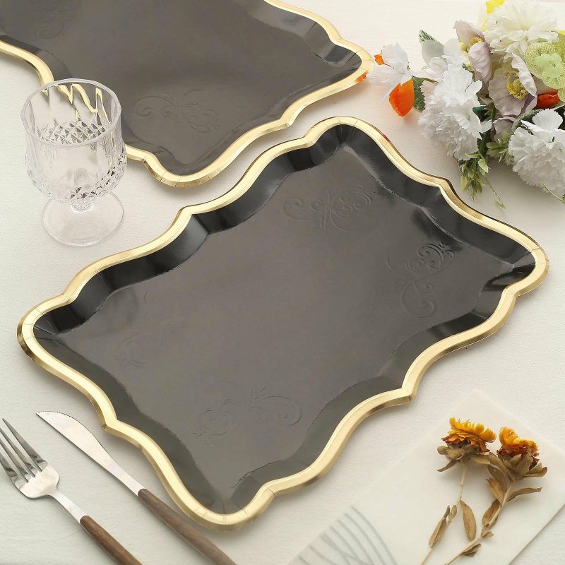 10 Pack Elegant Black / Gold Rim Disposable Serving Trays, Heavy Duty 400 GSM Paper Rectangular Party Platters 14″x10″  |   Eco-Friendly & Paper Plates Disposable Plates Black/Gold