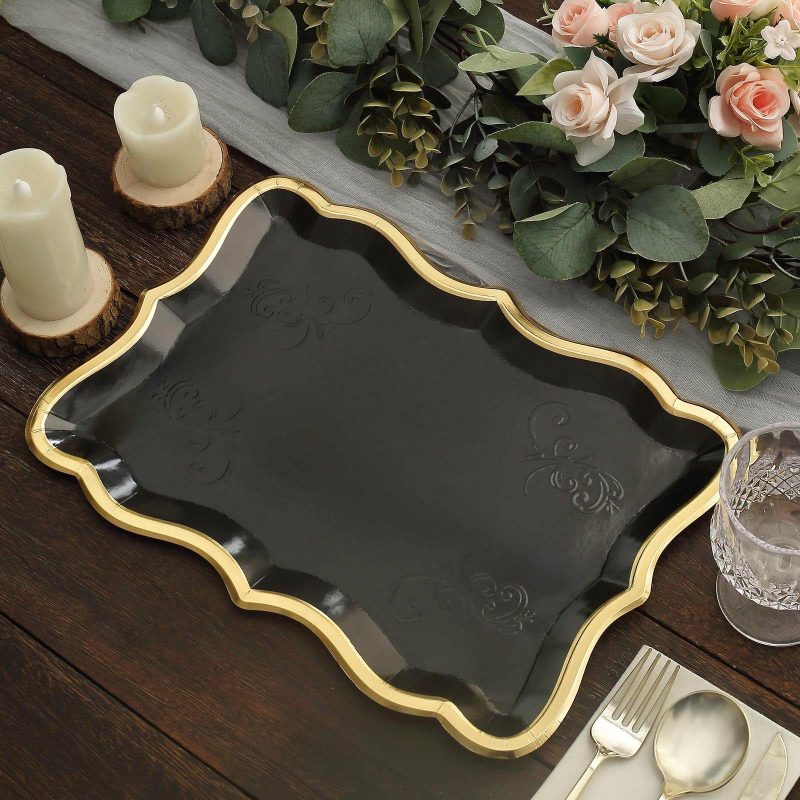 10 Pack Elegant Black / Gold Rim Disposable Serving Trays, Heavy Duty 400 GSM Paper Rectangular Party Platters 14″x10″  |   Eco-Friendly & Paper Plates Disposable Plates Black/Gold