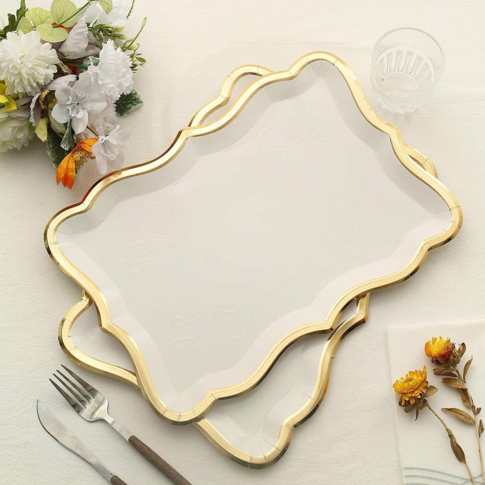 10 Pack Elegant White / Gold Rim Disposable Serving Trays, Heavy Duty 400 GSM Paper Rectangular Party Platters 14″x10″  |   Eco-Friendly & Paper Plates Disposable Plates Eco-Friendly & Paper Plates