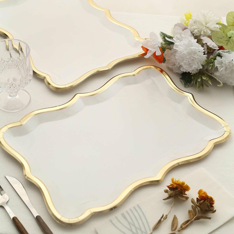 10 Pack Elegant White / Gold Rim Disposable Serving Trays, Heavy Duty 400 GSM Paper Rectangular Party Platters 14″x10″  |   Eco-Friendly & Paper Plates Disposable Plates Eco-Friendly & Paper Plates