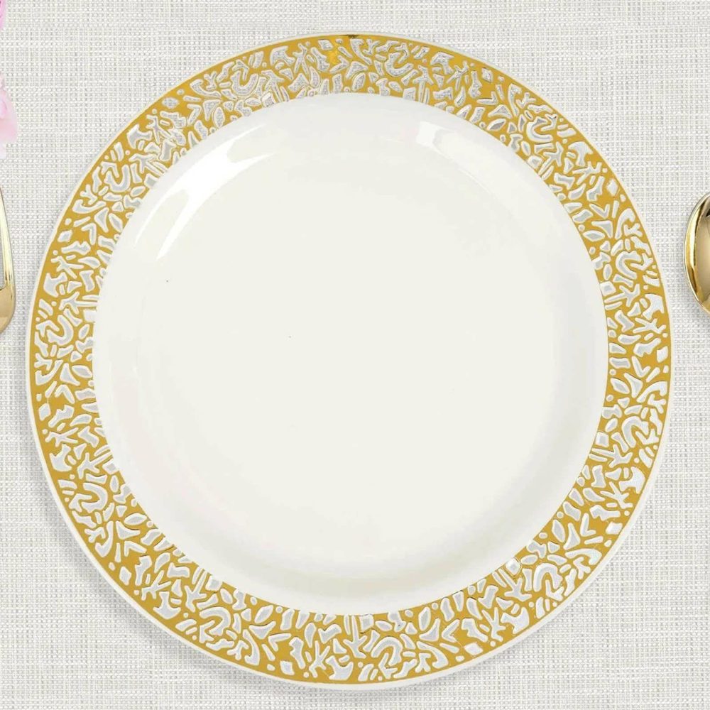 10 Pack Fancy Gold Lace Rim Ivory Plastic Dinner Plates, Elegant Disposable Party Plates 10″  |   Disposable Dinner Plates Disposable Dinner Plates Disposable Dinner Plates