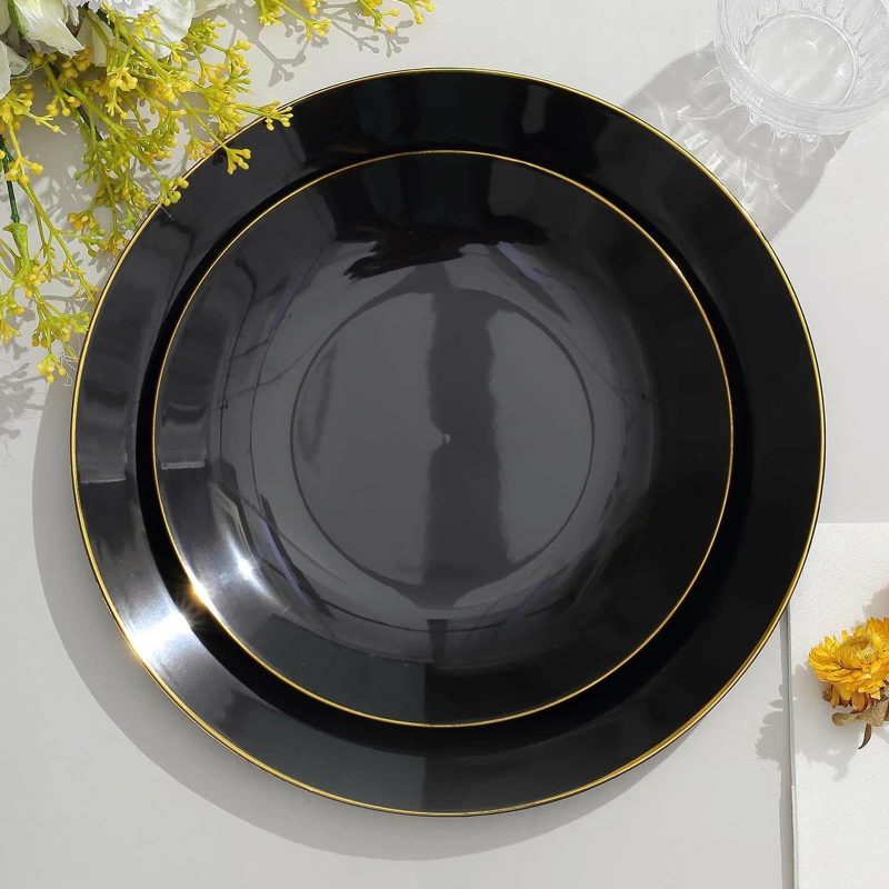 10 Pack Glossy Black Round Plastic Dessert Plates With Gold Rim, Disposable Appetizer Salad Party Plates 8″  |   Disposable Salad/Dessert Plates Disposable Plates Black