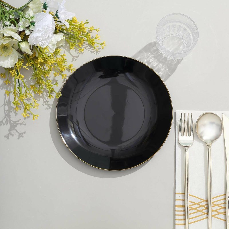 10 Pack Glossy Black Round Plastic Dessert Plates With Gold Rim, Disposable Appetizer Salad Party Plates 8″  |   Disposable Salad/Dessert Plates Disposable Plates Black